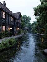 Picturesque European village scene with a river running through it photo