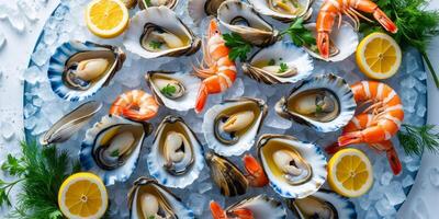 Seafood platter featuring a variety of fresh shellfish and shrimp served on ice with lemon and herbs photo