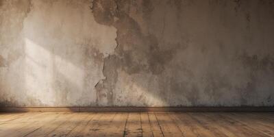 Empty Room with Grunge Wall and Wooden Floor Background Creates a Rustic Atmosphere. photo