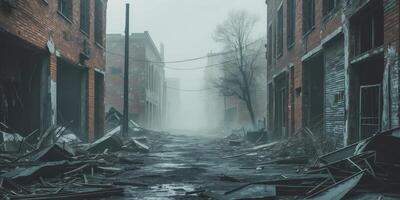Quiet desolation a foggy alley in a devastated urban landscape photo