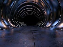Abstract metallic tunnel with dark end, futuristic architecture photo
