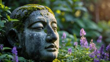 Ancient stone face sculpture in a garden setting photo