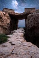 Stone path leading to the starry sky through a rock canyon photo