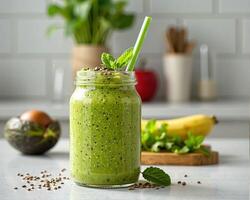 Fresh Green Smoothie in a Jar with Mint and Ingredients in Background photo