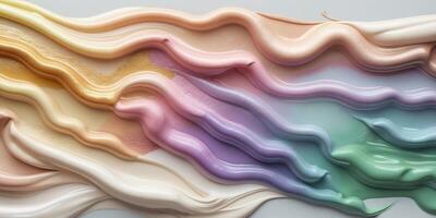 Multicolored liquid foundation texture featuring warm and cool tones in horizontal rows showcasing creamy smooth hues for beauty applications photo