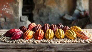 Colorful Cocoa Pods Displayed on a Bed of Beans in a Rustic Setting. photo