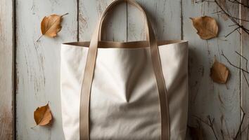 Stylish and Chic Neutral Canvas Tote Bag Displayed Beautifully on a Rustic Background photo