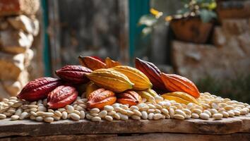 Colorful Cocoa Pods Displayed on a Bed of Beans in a Rustic Setting photo