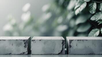 Concrete blocks arranged in a row with green foliage in the background and visible surface texture Copy Space. photo