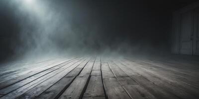 Dramatic lighting and mist create an atmospheric scene on aged wooden floor in an empty stage setting photo