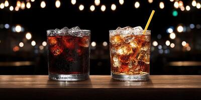 Two glasses of cola with ice on a bar photo