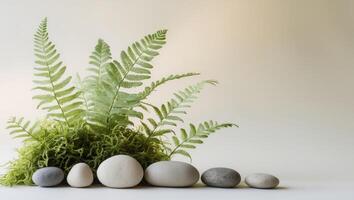 A group of stones and ferns in a vase photo