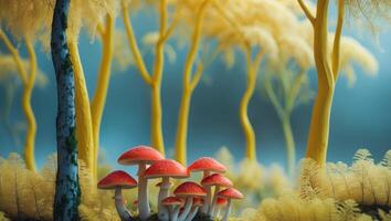A group of mushrooms in a forest with trees photo