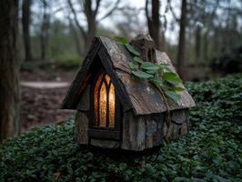 A miniature stone house sits nestled in lush greenery, illuminated from within photo