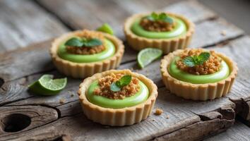 Small green pastry tarts with lime and crumbs photo