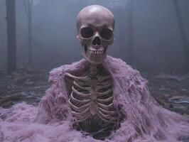 A skeleton draped in pink cloth sits in a foggy forest photo