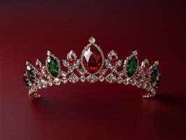 Elegant crown with red and green gems on a red background photo