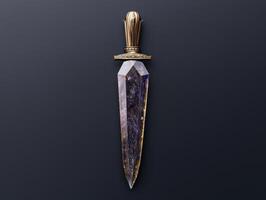 A crystal dagger with a golden hilt on a dark background photo