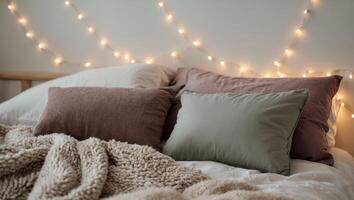 A bed with pillows and blankets covered in blankets and a white sheet photo