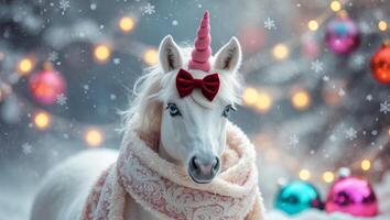 A white unicorn with a red bow on its head photo