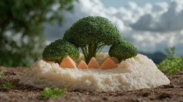 Miniature landscape made of broccoli, cauliflower, and cheese triangles photo