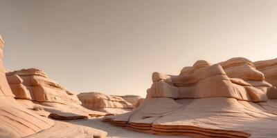 A desert landscape with rock formations and sand photo