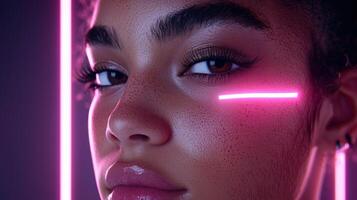 Close up of a womans face with glowing neon light photo
