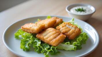 A plate of fish and lettuce with a dipping sauce photo