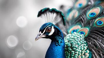 A close up of a peacock with its feathers photo
