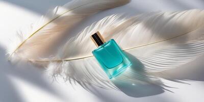 A bottle of perfume on a white feather photo