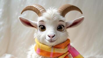 A goat with big eyes wearing a scarf photo