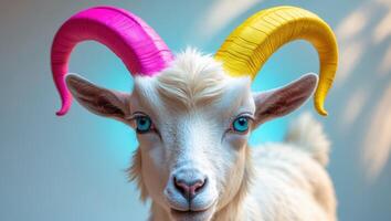 Goat with colorful horns on a gray background photo