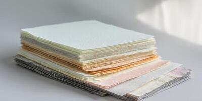 A stack of folded paper on a table photo