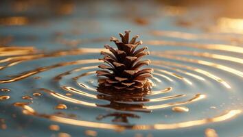 Pine cone on calm water surface creating concentric ripples with warm lighting and soft focus Copy Space. photo