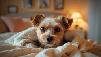 Adorable Small Dog Peeking from Under Soft Blanket in Cozy Bedroom Setting with Warm Lighting and Comforting Atmosphere photo