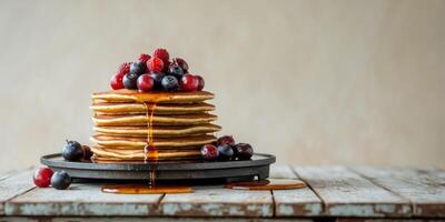 Delicious stack of pancakes topped with fresh berries and syrup on a rustic wooden table in a cozy setting. photo