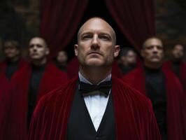 A bald man in a tuxedo and red robe stands among others in a dimly lit room photo