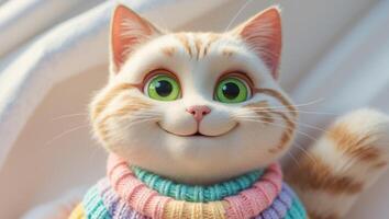 An Adorable Animated Cat Character Wearing a Cozy Sweater That Brings Joy and Cheer. photo