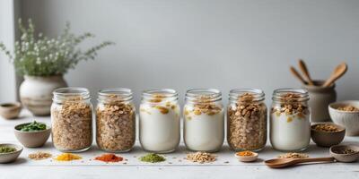Nutritious oat granola and yogurt in glass jars arranged in a row on a white wooden table with toppings and herbs for a fresh and healthy display. photo