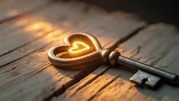 Glowing Heart Symbol Engraved on a Metal Key with a Warm Light Effect on a Wooden Surface. photo