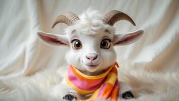 A charming and cute cartoon goat wearing a colorful scarf in a cheerful festive setting. photo