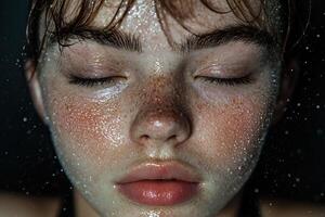 Close up of a womans face covered in water droplets photo