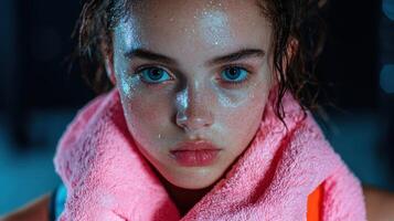 A close up of a sweaty woman with a towel around her neck photo