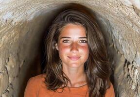 Smiling woman with freckles in a tunnel photo