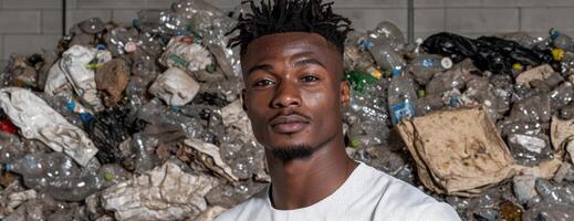A man stands in front of a pile of plastic bottles, highlighting environmental issues and recycling photo