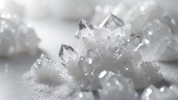 Close up of white sugar crystals with sparkling effect and irregular shapes photo