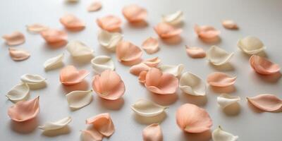 Delicate peach and cream flower petals scattered on a flat surface for decoration or craft projects. photo