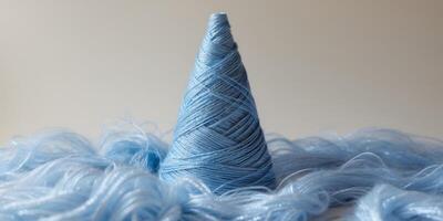 blue lurex wool on a cone in a neutral background subtle contrast cone photo