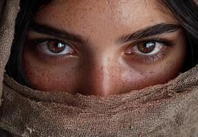 Close up of a womans face with brown eyes and freckles, partially covered by fabric photo