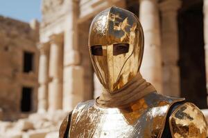 A person in golden armor standing in front of ancient ruins photo